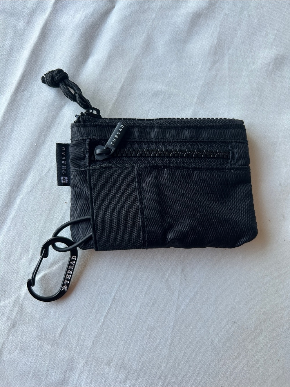Thread Black Nylon Zip Card Pouch with Carabiner
